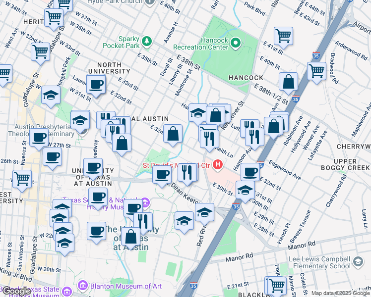 map of restaurants, bars, coffee shops, grocery stores, and more near 807 East 31st Street in Austin