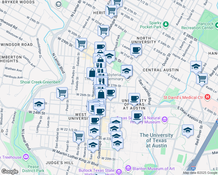 map of restaurants, bars, coffee shops, grocery stores, and more near 2619 Whitis Avenue in Austin