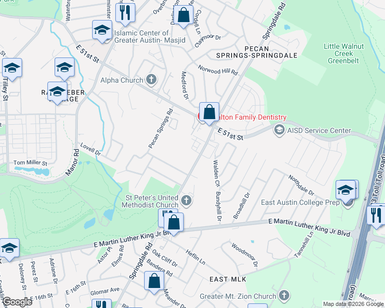 map of restaurants, bars, coffee shops, grocery stores, and more near 3500 Pecan Springs Road in Austin