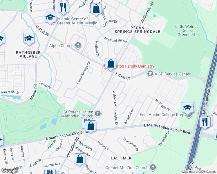 map of restaurants, bars, coffee shops, grocery stores, and more near 4801 Spring Meadow Cove in Austin