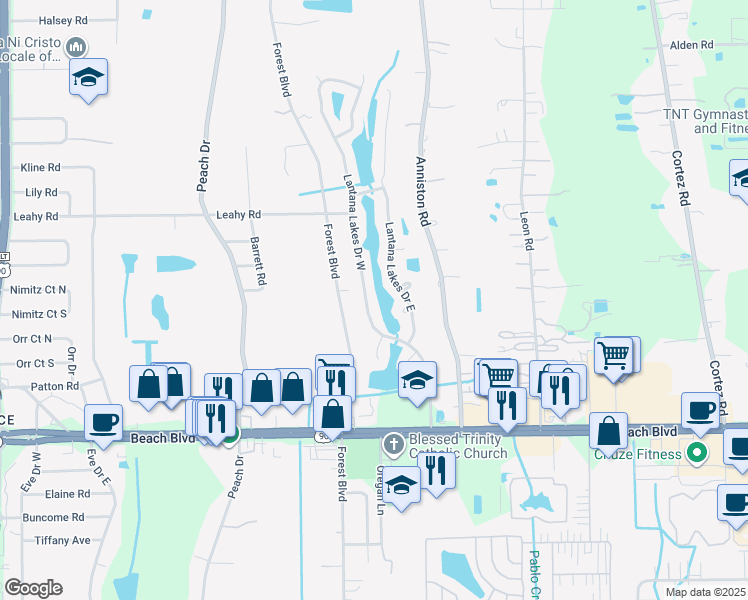 map of restaurants, bars, coffee shops, grocery stores, and more near 2945 Lantana Lakes Drive West in Jacksonville