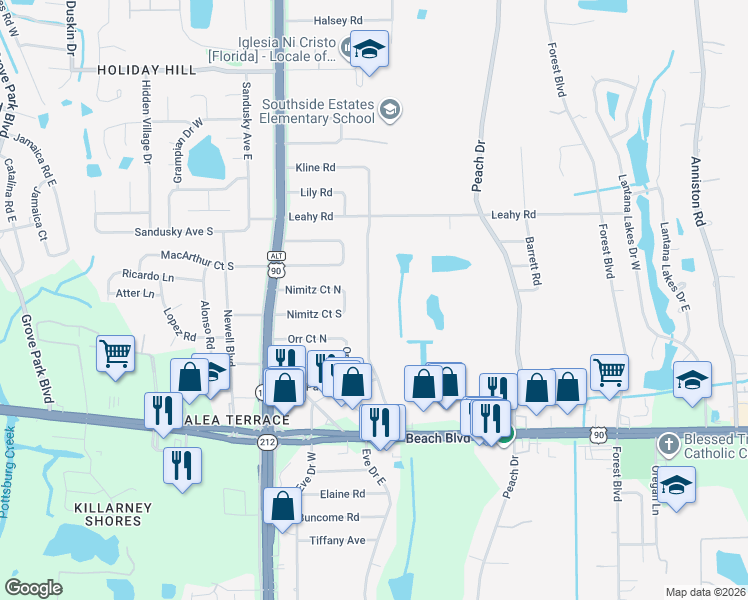 map of restaurants, bars, coffee shops, grocery stores, and more near 3012 Kline Road in Jacksonville
