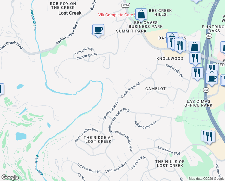 map of restaurants, bars, coffee shops, grocery stores, and more near 1112 Falcon Ledge Drive in Austin