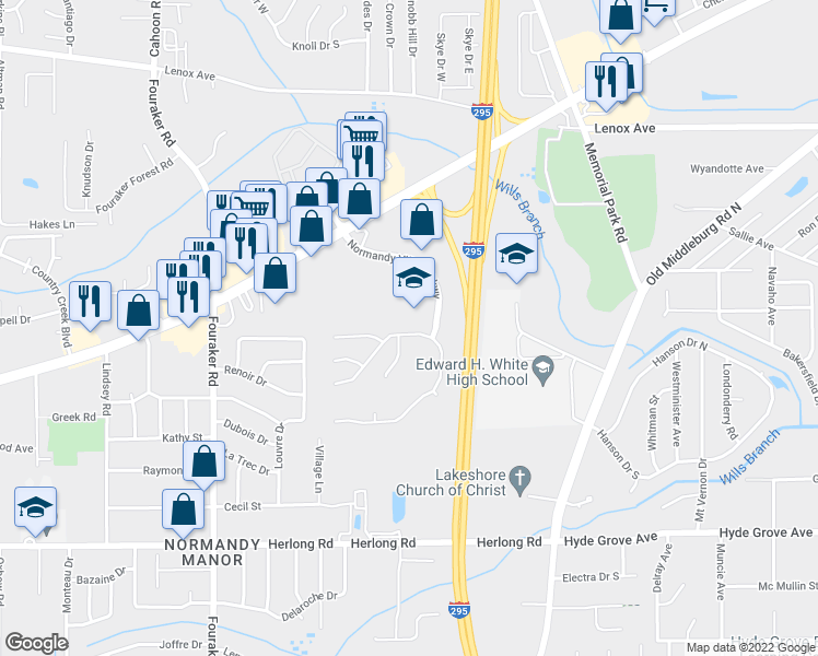 map of restaurants, bars, coffee shops, grocery stores, and more near 7765 Spring Branch Drive North in Jacksonville