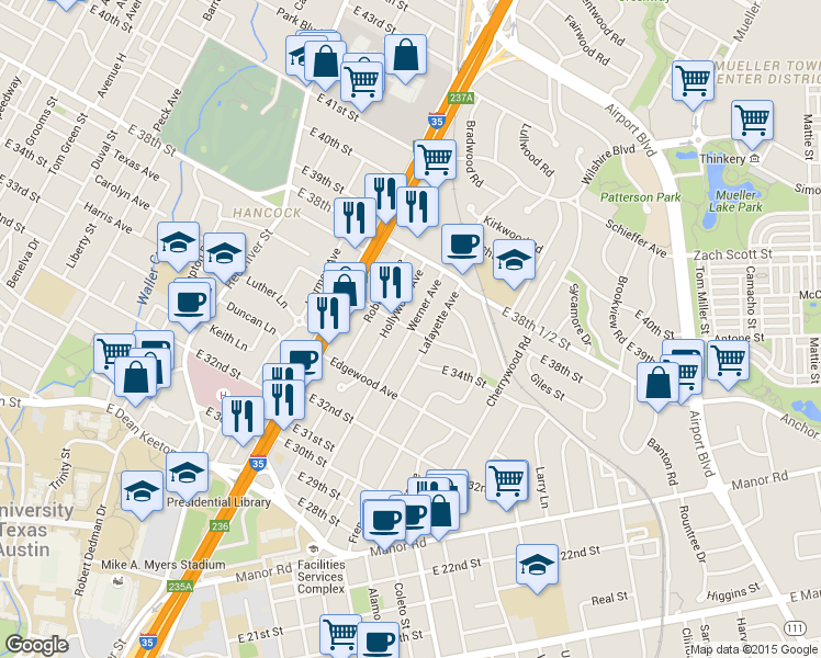 map of restaurants, bars, coffee shops, grocery stores, and more near Concordia Ave & Werner Ave in Austin