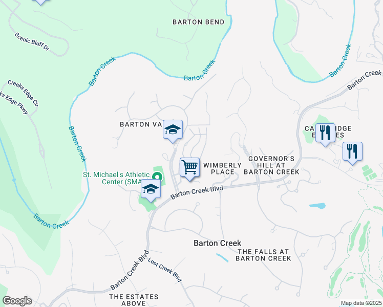 map of restaurants, bars, coffee shops, grocery stores, and more near 2716 Barton Creek Boulevard in Austin