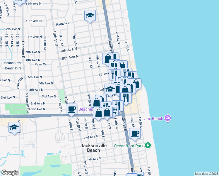 map of restaurants, bars, coffee shops, grocery stores, and more near 429 2nd Avenue North in Jacksonville Beach