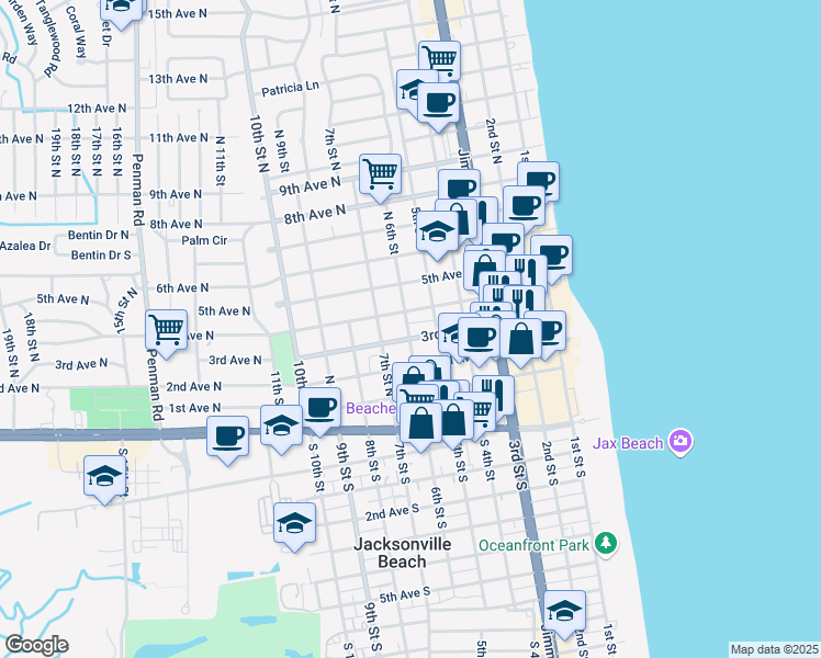 map of restaurants, bars, coffee shops, grocery stores, and more near 326 North 6th Street in Jacksonville Beach