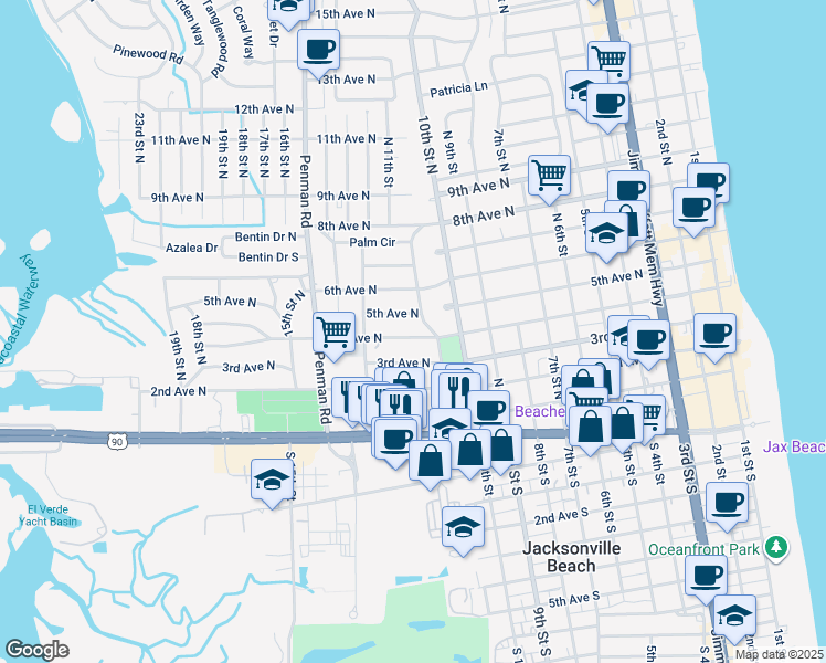 map of restaurants, bars, coffee shops, grocery stores, and more near 1131 3rd Avenue North in Jacksonville Beach
