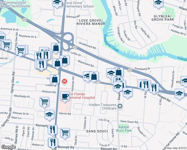 map of restaurants, bars, coffee shops, grocery stores, and more near in Jacksonville