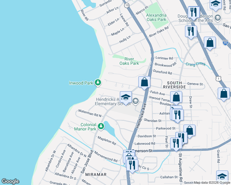 map of restaurants, bars, coffee shops, grocery stores, and more near 3362 San Jose Boulevard in Jacksonville