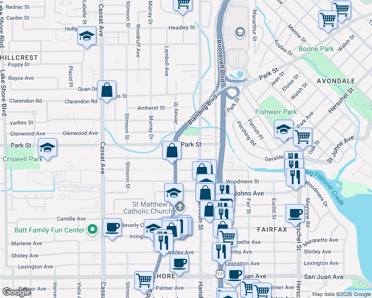map of restaurants, bars, coffee shops, grocery stores, and more near 4567 Wheeler Avenue in Jacksonville