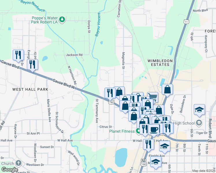 map of restaurants, bars, coffee shops, grocery stores, and more near 961 North Audubon Street in Slidell
