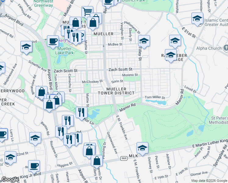 map of restaurants, bars, coffee shops, grocery stores, and more near 3917 Threadgill Street in Austin