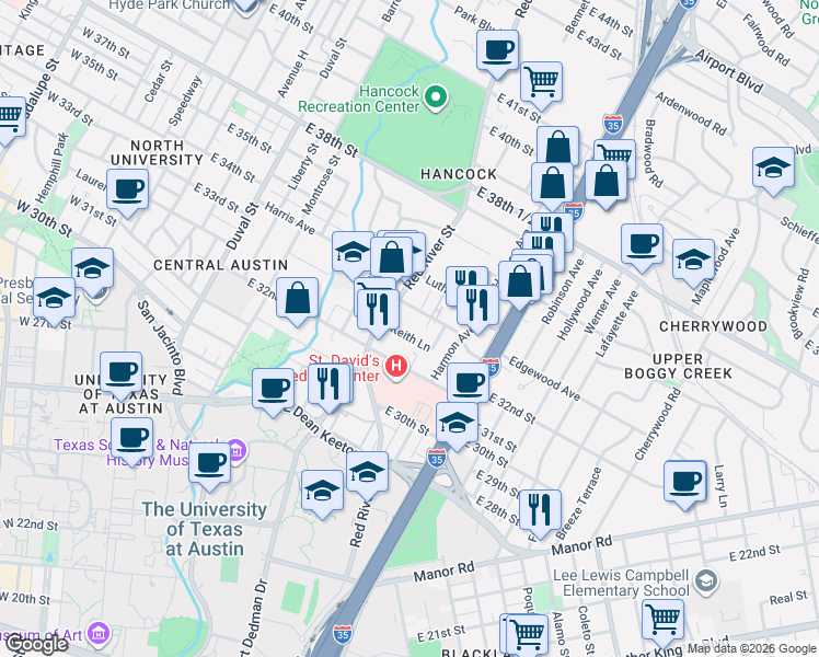 map of restaurants, bars, coffee shops, grocery stores, and more near 923 Keith Lane in Austin