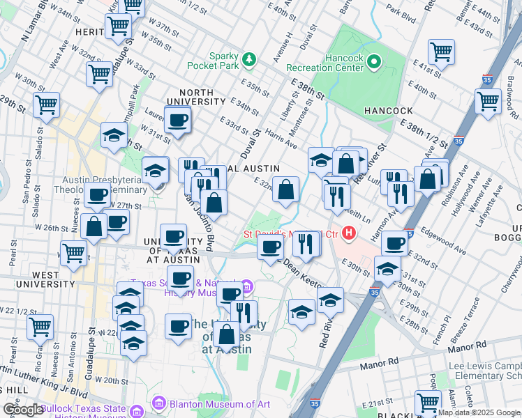 map of restaurants, bars, coffee shops, grocery stores, and more near 3001 Harris Park Avenue in Austin