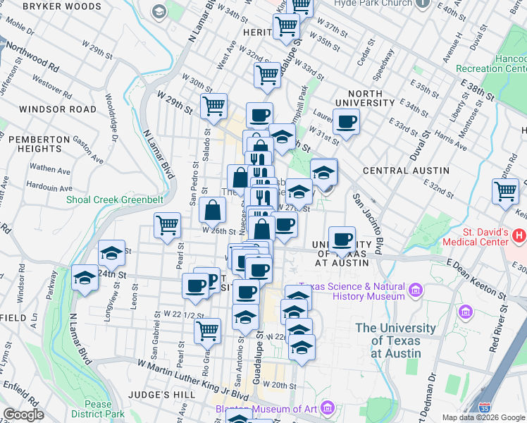 map of restaurants, bars, coffee shops, grocery stores, and more near 2604 Hume Place in Austin