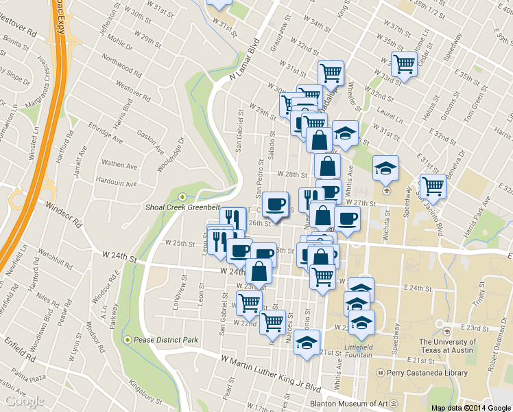 map of restaurants, bars, coffee shops, grocery stores, and more near in Austin