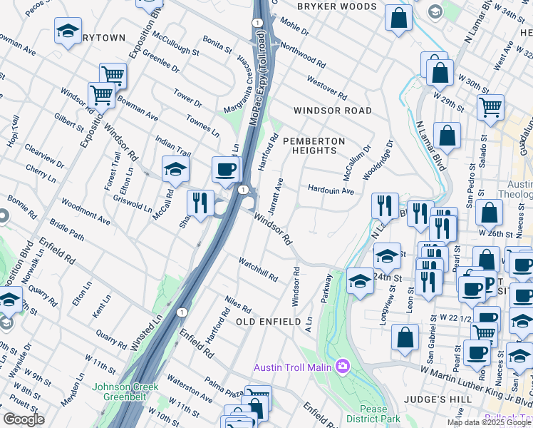 map of restaurants, bars, coffee shops, grocery stores, and more near 2314 Woodlawn Boulevard in Austin