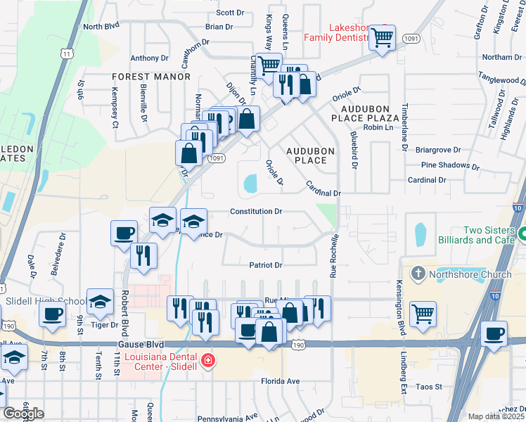 map of restaurants, bars, coffee shops, grocery stores, and more near 1399 Constitution Drive in Slidell