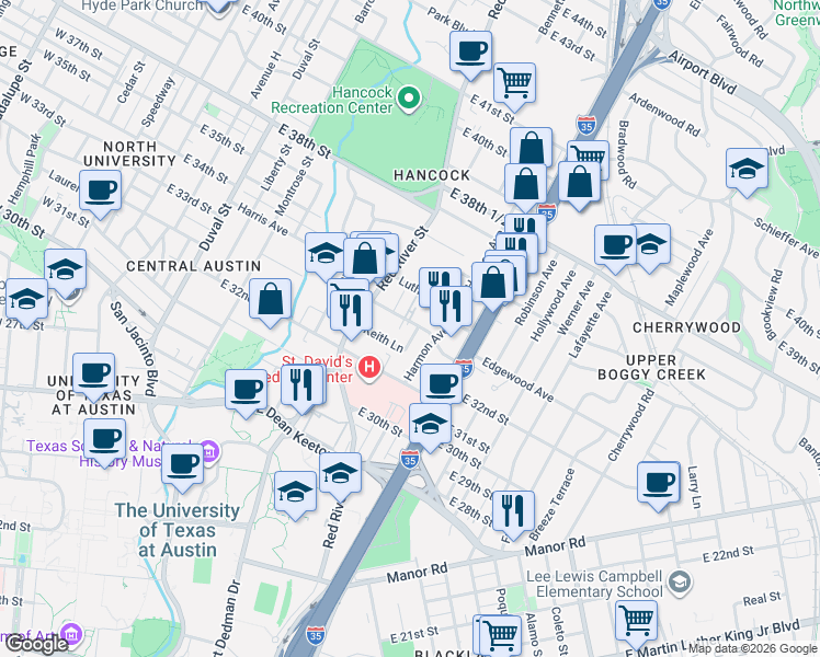 map of restaurants, bars, coffee shops, grocery stores, and more near 915 Duncan Lane in Austin