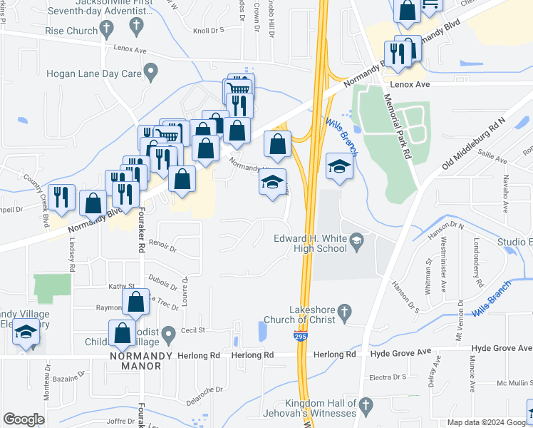 map of restaurants, bars, coffee shops, grocery stores, and more near 7771 Spring Branch Drive North in Jacksonville
