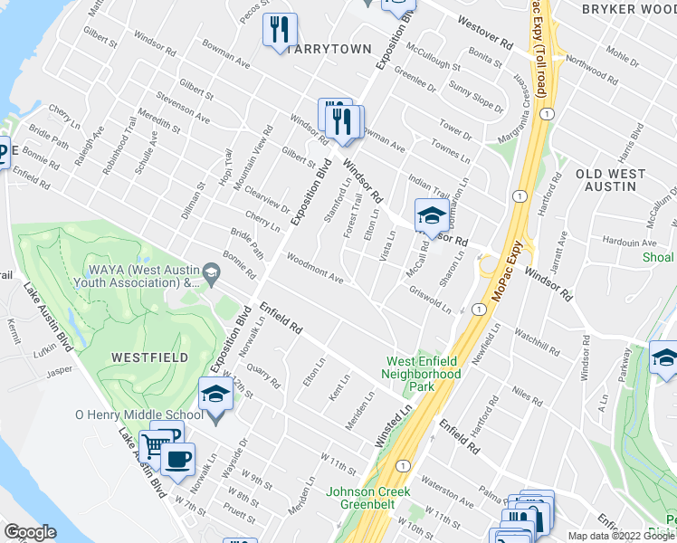 map of restaurants, bars, coffee shops, grocery stores, and more near 1710 Forest Trail in Austin
