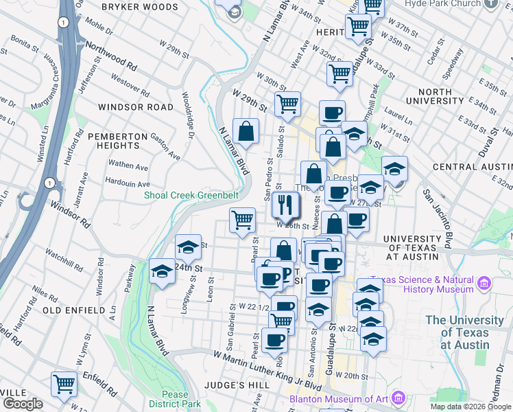 map of restaurants, bars, coffee shops, grocery stores, and more near 908 Poplar Street in Austin