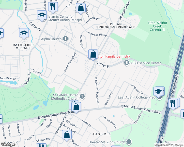 map of restaurants, bars, coffee shops, grocery stores, and more near 4801 Spring Meadow Cove in Austin