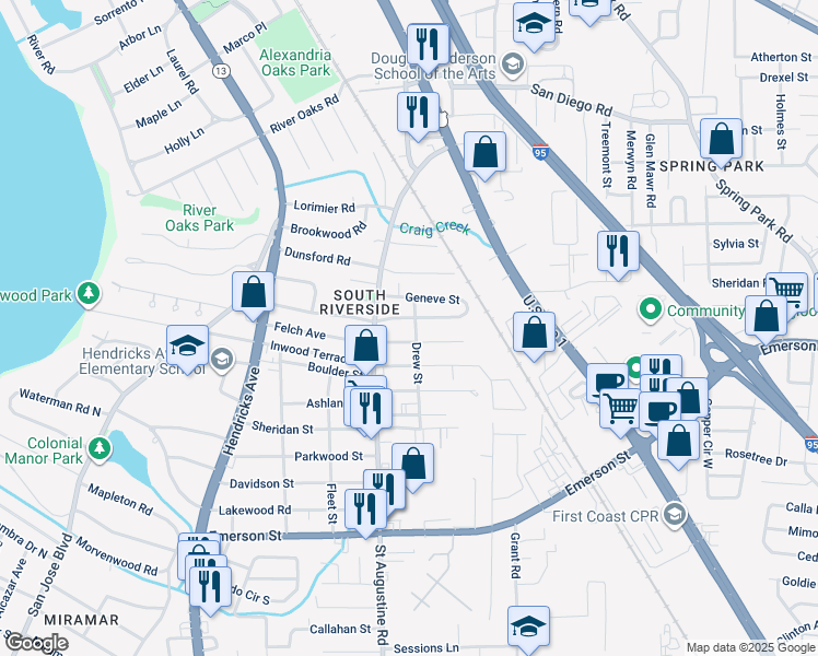 map of restaurants, bars, coffee shops, grocery stores, and more near 2112 Felch Avenue in Jacksonville