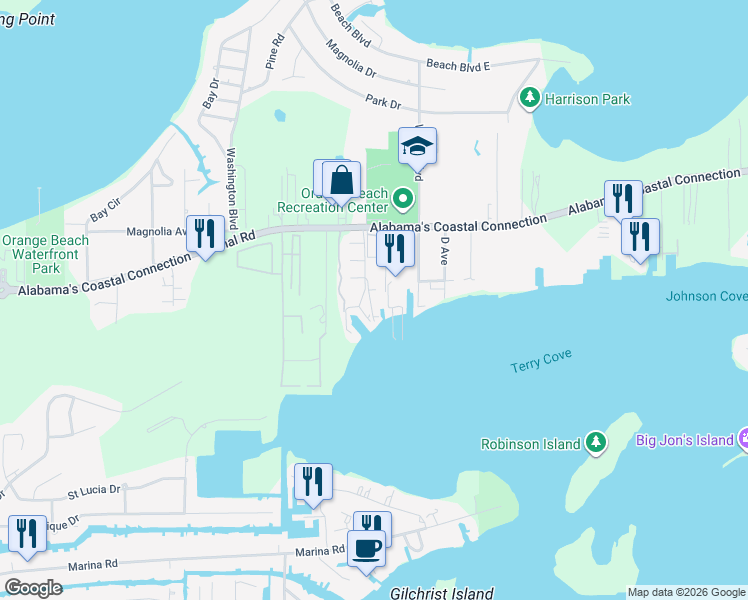 map of restaurants, bars, coffee shops, grocery stores, and more near 8 Walker Key Boulevard in Orange Beach