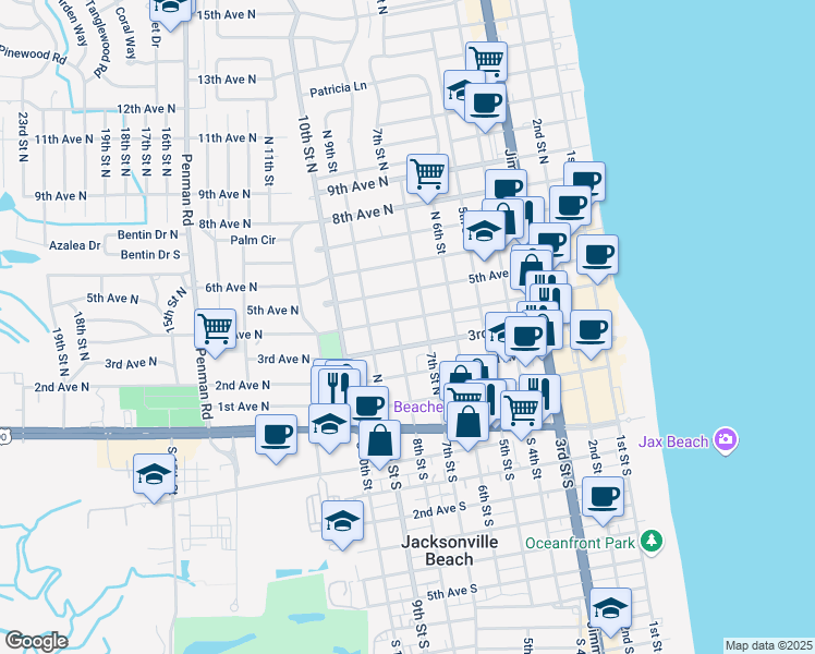 map of restaurants, bars, coffee shops, grocery stores, and more near 327 8th Street South in Jacksonville Beach