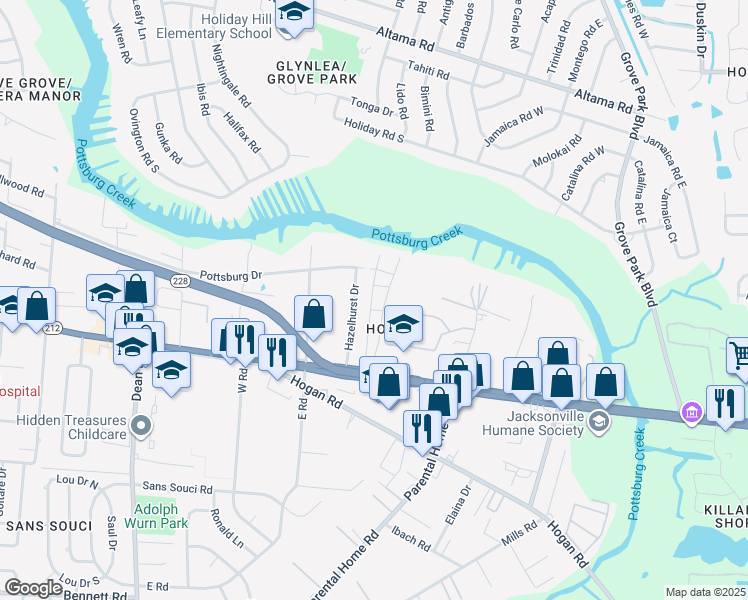 map of restaurants, bars, coffee shops, grocery stores, and more near 1647 El Camino Road in Jacksonville