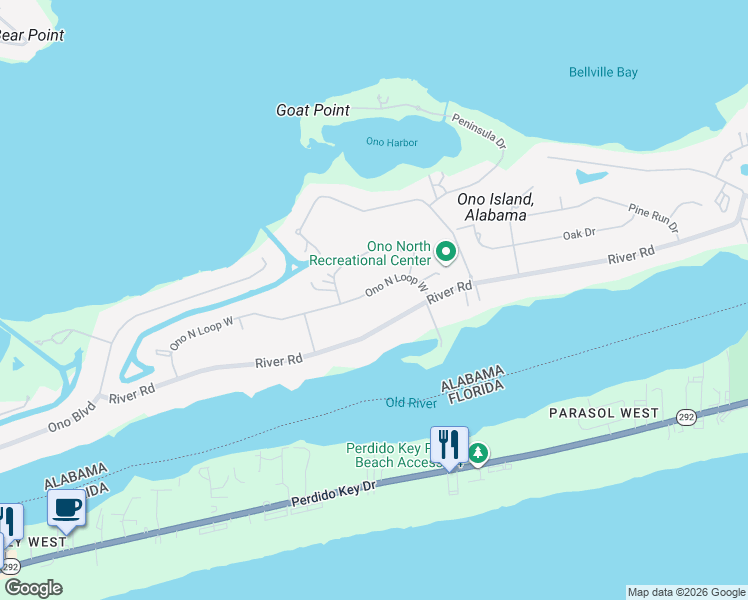 map of restaurants, bars, coffee shops, grocery stores, and more near 30790 River Road in Orange Beach