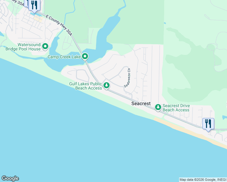map of restaurants, bars, coffee shops, grocery stores, and more near 56 Seabreeze Circle in Seacrest