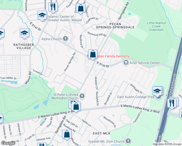 map of restaurants, bars, coffee shops, grocery stores, and more near 4508 Night Owl Lane in Austin