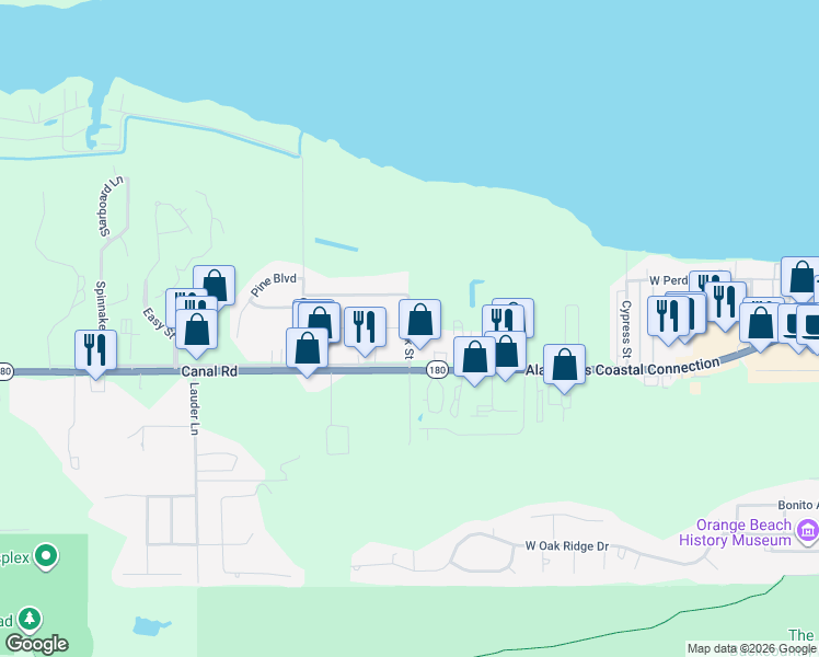 map of restaurants, bars, coffee shops, grocery stores, and more near Oak Street in Orange Beach