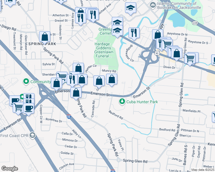 map of restaurants, bars, coffee shops, grocery stores, and more near 4211 Emerson Street in Jacksonville