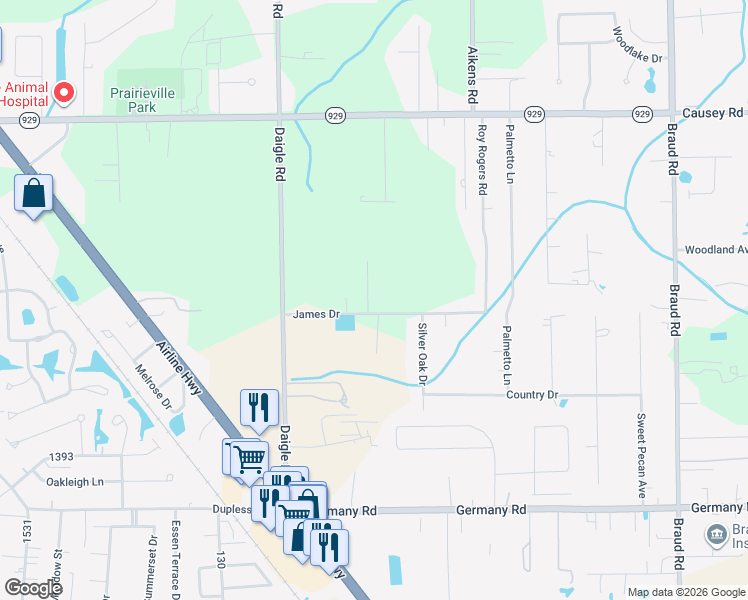 map of restaurants, bars, coffee shops, grocery stores, and more near 39124 James Drive in Prairieville