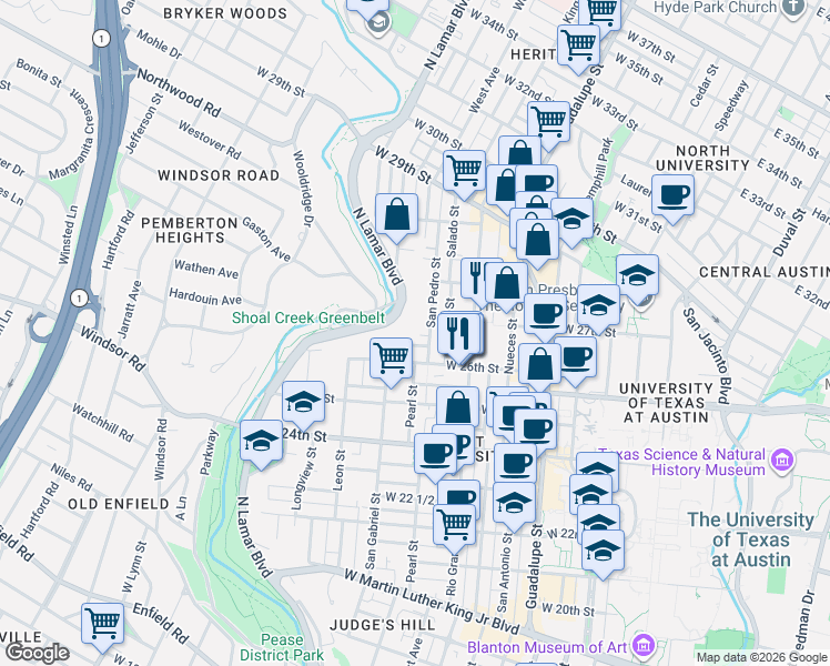 map of restaurants, bars, coffee shops, grocery stores, and more near 2614 San Pedro Street in Austin