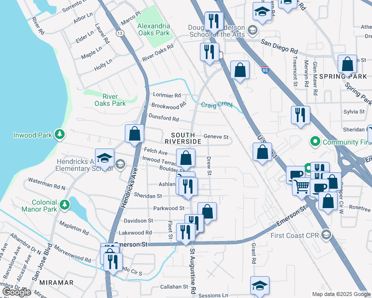 map of restaurants, bars, coffee shops, grocery stores, and more near 19 Danese Court in Jacksonville