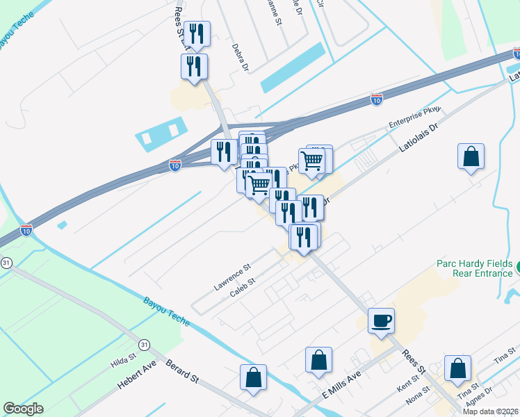 map of restaurants, bars, coffee shops, grocery stores, and more near 2056 Rees Street in Breaux Bridge