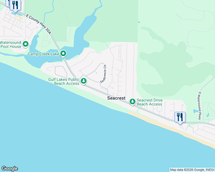 map of restaurants, bars, coffee shops, grocery stores, and more near 212 Seabreeze Circle in Seacrest