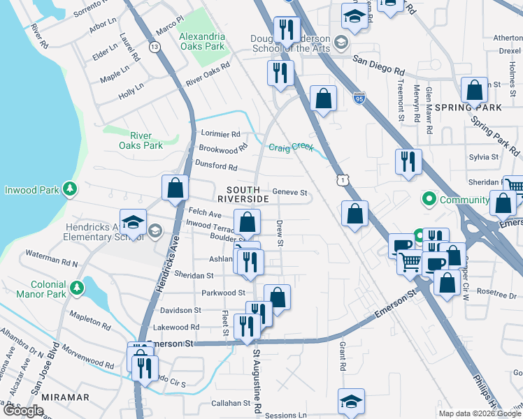 map of restaurants, bars, coffee shops, grocery stores, and more near 2020 Geneve Street in Jacksonville