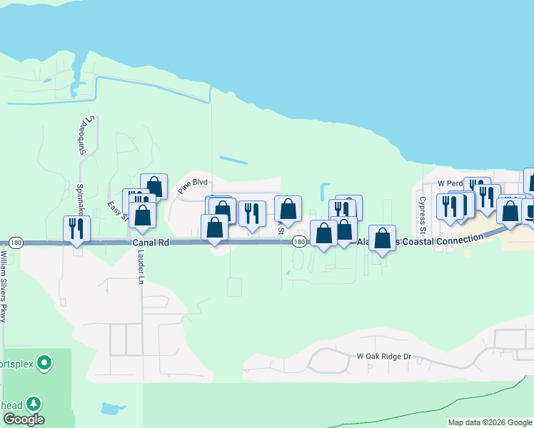 map of restaurants, bars, coffee shops, grocery stores, and more near 24990 Wolf Bay Terrace in Orange Beach