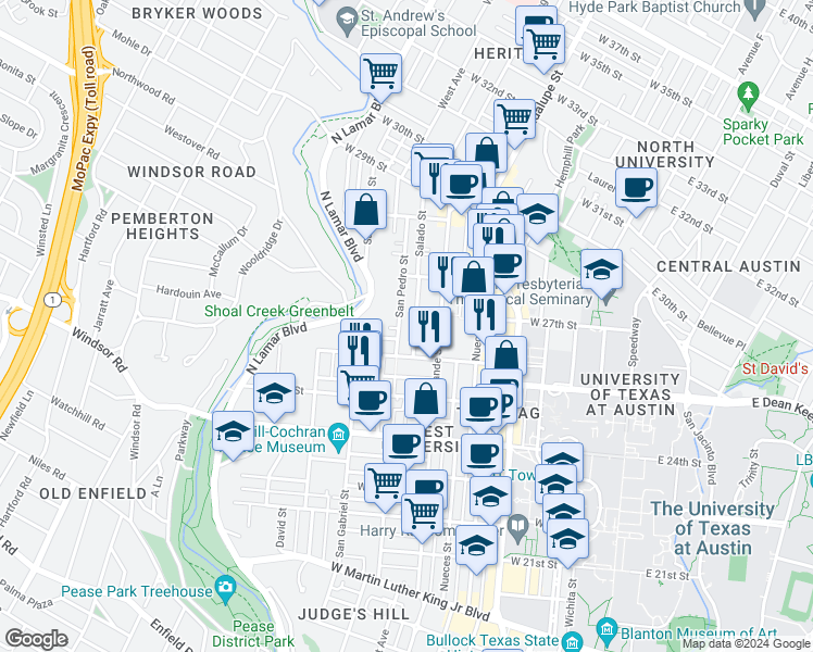 map of restaurants, bars, coffee shops, grocery stores, and more near 2614 San Pedro Street in Austin