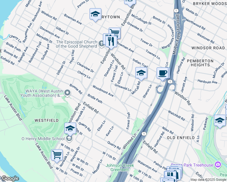 map of restaurants, bars, coffee shops, grocery stores, and more near 1804 Elton Lane in Austin