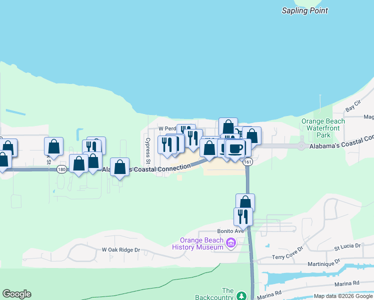 map of restaurants, bars, coffee shops, grocery stores, and more near 25689 Canal Road in Orange Beach