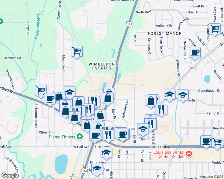 map of restaurants, bars, coffee shops, grocery stores, and more near 1007 Front Street in Slidell