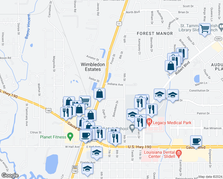 map of restaurants, bars, coffee shops, grocery stores, and more near 105 Indiana Avenue in Slidell